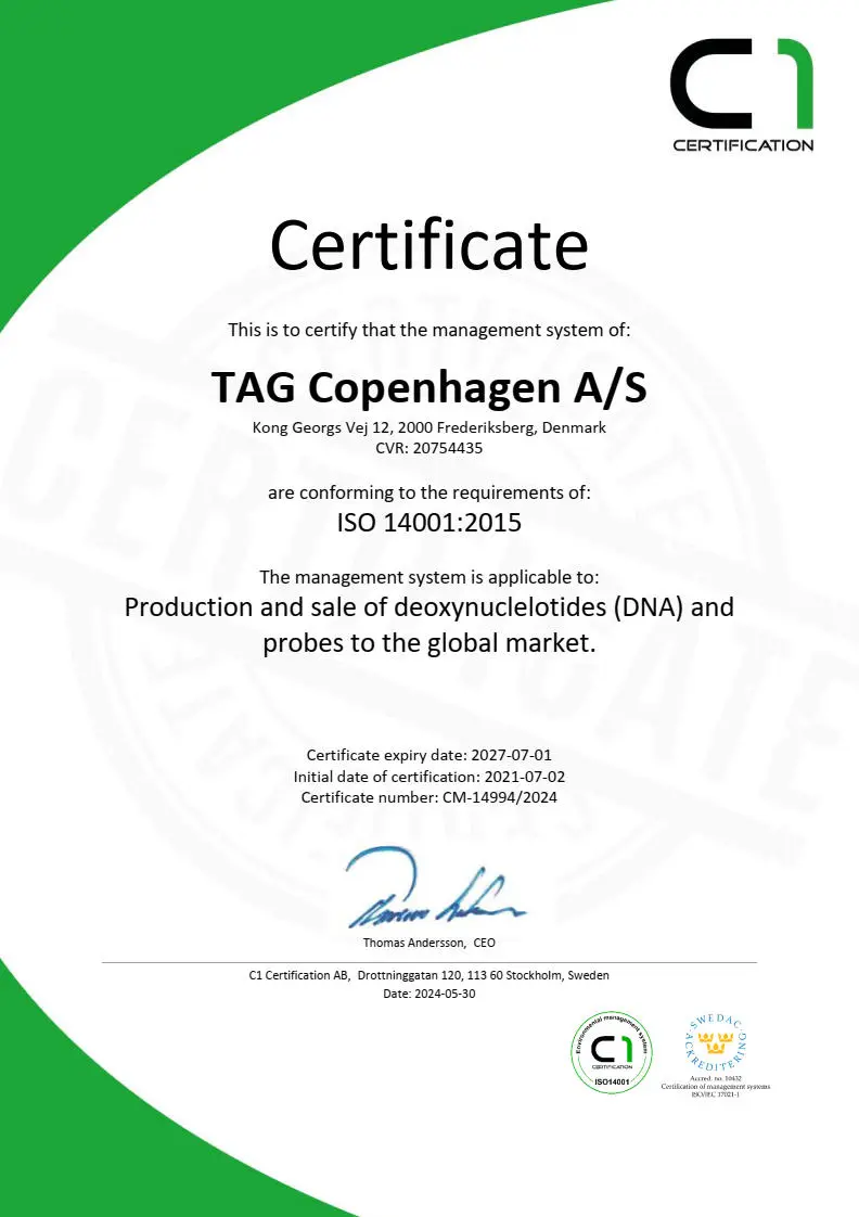 ISO Certificate 14001:2015 for custom oligo production