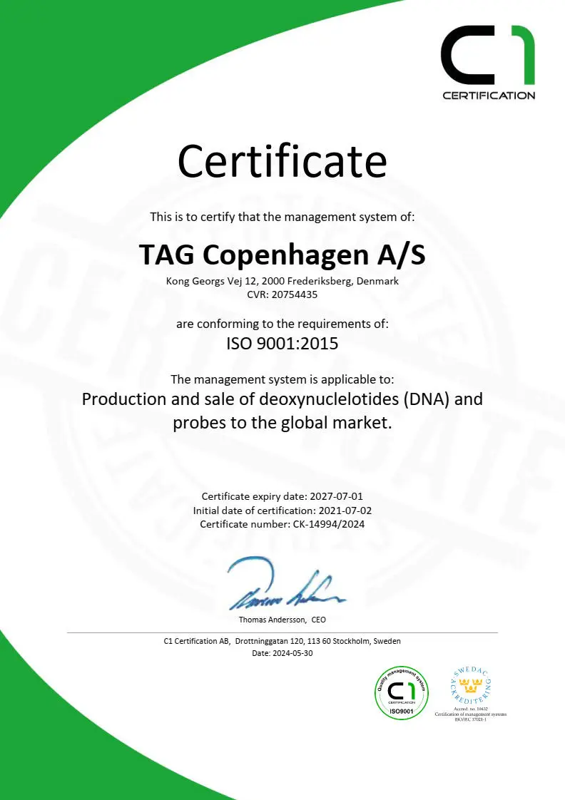 ISO Certificate 9001:2015 for custom oligo production 